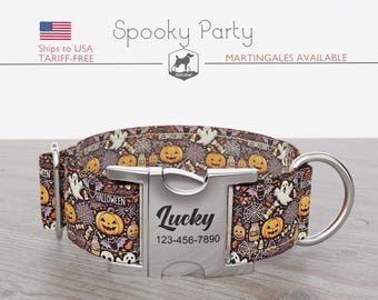 Halloween Dog Collar, Regular/Martingale, Ghosts, Pumpkins, Handmade, Wide  1, 1.5, 2 inch, Spooky Party, Quick Release Metal Buckle