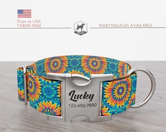 Sunflower Dog Collar, Summer, Regular/Martingale, Handmade, Wide  1, 1.5, 2 inch, Sunflower Splash, Quick Release Metal Buckle