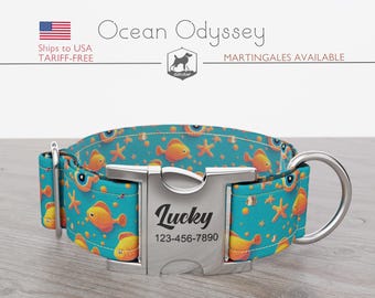 Personalized Wide Dog Collar 1, 1.5, 2 inch, Ocean Theme, Blue and Orange Color, Ocean Odyssey, Quick Release Metal Buckle