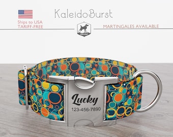 Abstract Circles Summer Dog Collar, Regular/Martingale, Handmade, Wide  1, 1.5, 2 inch, KaleidoBurst, Quick Release Metal Buckle
