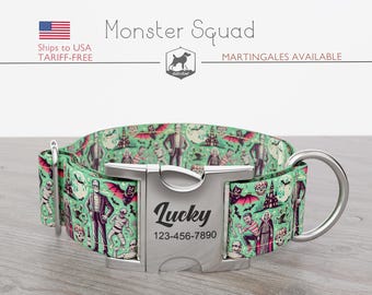 Retro Halloween Dog Collar, Regular/Martingale, Monsters, Handmade, Wide  1, 1.5, 2 inch, Monster Squad, Quick Release Metal Buckle