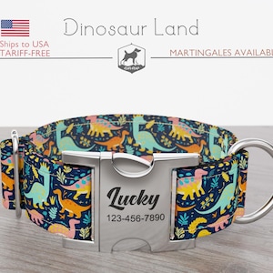 Personalized Wide Dog Collar 1, 1.5, 2 inch, Dinosaur Pattern, Multi-Color, Dinosaur Land, Regular/Martingale, Quick Release Metal Buckle