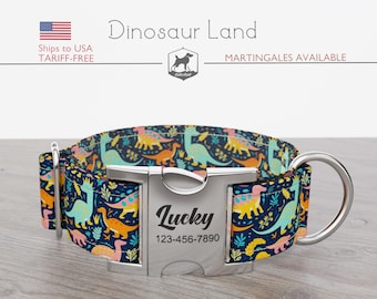 Personalized Wide Dog Collar 1, 1.5, 2 inch, Dinosaur Pattern, Multi-Color, Dinosaur Land, Regular/Martingale, Quick Release Metal Buckle