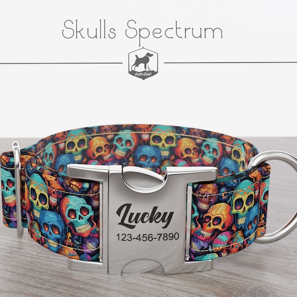 Personalized Wide Dog Collar 1, 1.5, 2 inch, Halloween, Skull Pattern, Multi-Color, Skulls Spectrum, Quick Release Metal Buckle