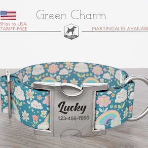 Personalized Wide Dog Collar 1, 1.5, 2 inch, Rainbows and Clouds, Multi- Color, Green Charm, Quick Release Metal Buckle