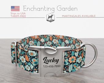 Autumn Floral Dog Collar, Regular/Martingale, Handmade, Wide  1, 1.5, 2 inch, Enchanting Garden, Quick Release Metal Buckle