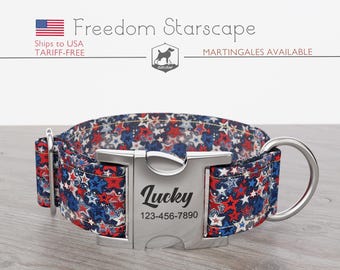 Independence Day USA Dog Collar, Regular/Martingale, Handmade, Wide  1, 1.5, 2 inch, Freedom Starscape, Quick Release Metal Buckle