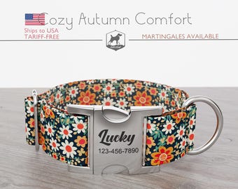 Collare per cani con stampa floreale, estivo, taglia normale/martingale, fatto a mano, largo 2,5, 3,8, 5 cm, comodo per l'autunno, fibbia in metallo a sgancio rapido