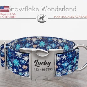 Winter Dog Collar, Regular/Martingale, Snowflakes, Handmade, Wide  1, 1.5, 2 inch, Snowflake Wonderland, Quick Release Metal Buckle