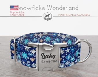 Winter Dog Collar, Regular/Martingale, Snowflakes, Handmade, Wide  1, 1.5, 2 inch, Snowflake Wonderland, Quick Release Metal Buckle