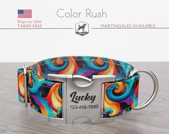 Abstract Dog Collar, Regular/Martingale, Handmade, Wide  1, 1.5, 2 inch, Color Rush, Quick Release Metal Buckle