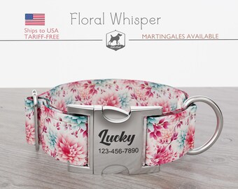 Summer Dog Collar, Floral,  Regular/Martingale, Handmade, Wide  1, 1.5, 2 inch, Floral Whisper, Quick Release Metal Buckle