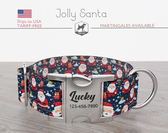 Christmas Dog Collar, Santa, Regular/Martingale, Handmade, Wide  1, 1.5, 2 inch, Jolly Santa, Quick Release Metal Buckle
