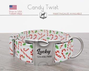 Christmas Dog Collar, Regular/Martingale, Candy Cane, Handmade, Wide  1, 1.5, 2 inch, Candy Twist, Quick Release Metal Buckle