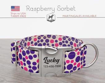 Personalized Dog Collar, Easter, Polka Dot Pattern, Pink and Purple Pet Collar, Raspberry Sorbet, Quick Release Metal Buckle