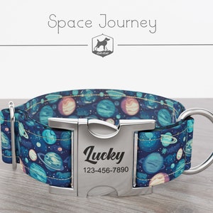 Personalized Wide Dog Collar 1, 1.5, 2 inch, Celestial Pattern, Planets, Blue Color, Space Journey, Quick Release Metal Buckle