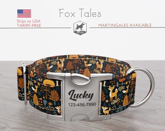 Fall/Autumn Dog Collar, Regular/Martingale, Foxes, Woodland, Handmade, Wide  1, 1.5, 2 inch, Fox Tales, Quick Release Metal Buckle