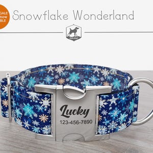 Winter Dog Collar, Regular/Martingale, Snowflakes, Handmade, Wide  1, 1.5, 2 inch, Snowflake Wonderland, Quick Release Metal Buckle