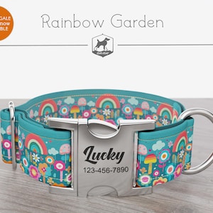 Rainbow Pattern, Handmade Wide Dog Collar, Regular/Martingale, 1, 1.5, 2 inch, Rainbow Garden, Quick Release Metal Buckle