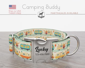 Camping Trailer Dog Collar, Summer Vacation, Regular/Martingale, Handmade, Wide  1, 1.5, 2 inch, Camping Buddy, Quick Release Metal Buckle