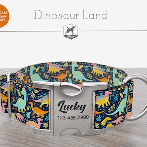 Personalized Wide Dog Collar 1, 1.5, 2 inch, Dinosaur Pattern, Multi-Color, Dinosaur Land, Regular/Martingale, Quick Release Metal Buckle