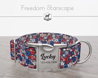 Personalized Wide Dog Collar 1, 1.5, 2 inch, Independence Day, Red, Blue and White, Freedom Starscape, Quick Release Metal Buckle