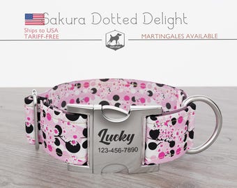 Sakura Dog Collar, Regular/Martingale, Handmade, Wide  1, 1.5, 2 inch, Sakura Dotted Delight, Quick Release Metal Buckle