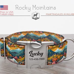 Mountains Dog Collar, Regular/Martingale, Handmade, Wide  1, 1.5, 2 inch, Rocky Mountains, Quick Release Metal Buckle