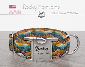 Mountains Dog Collar, Regular/Martingale, Handmade, Wide  1, 1.5, 2 inch, Rocky Mountains, Quick Release Metal Buckle