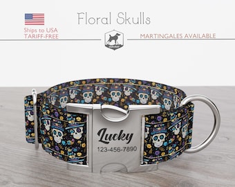 Halloween Dog Collar, Regular/Martingale, Sugar Skulls, Handmade, Wide  1, 1.5, 2 inch, Floral Skulls, Quick Release Metal Buckle