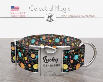 Personalized Wide Dog Collar 1, 1.5, 2 inch, Celestial, Black and Multi-Color, Celestial Magic, Quick Release Metal Buckle