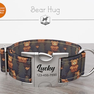 Bear Dog Collar, Regular/Martingale, Handmade, Wide  1, 1.5, 2 inch, Bear Hug, Quick Release Metal Buckle