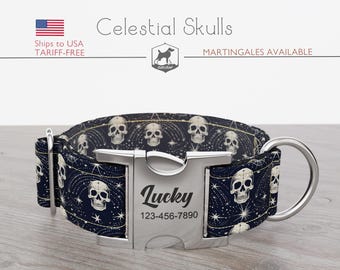 Halloween Dog Collar, Regular/Martingale, Skulls, Handmade, Wide  1, 1.5, 2 inch, Celestial Skulls, Quick Release Metal Buckle