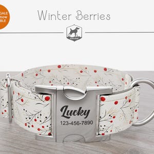 Christmas Dog Collar, Regular/Martingale, Handmade, Wide  1, 1.5, 2 inch, Winter Berries, Quick Release Metal Buckle
