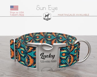 Personalized Wide Dog Collar 1, 1.5, 2 inch, Abstract, Green Orange Color, Sun Eye, Quick Release Metal Buckle