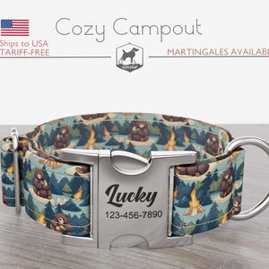 Camping Dog Collar, Summer Vacation, Regular/Martingale, Handmade, Wide  1, 1.5, 2 inch, Cozy Campout, Quick Release Metal Buckle