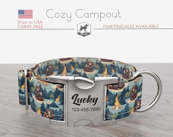 Camping Dog Collar, Summer Vacation, Regular/Martingale, Handmade, Wide  1, 1.5, 2 inch, Cozy Campout, Quick Release Metal Buckle
