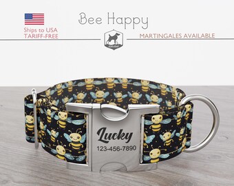 Bees Dog Collar, Regular/Martingale, Handmade, Wide  1, 1.5, 2 inch, Bee Happy, Quick Release Metal Buckle