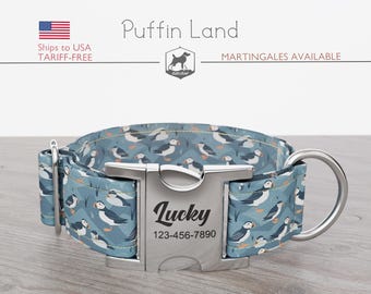 Puffin Bird Dog Collar, Regular/Martingale, Handmade, Wide  1, 1.5, 2 inch, Puffin Land , Quick Release Metal Buckle