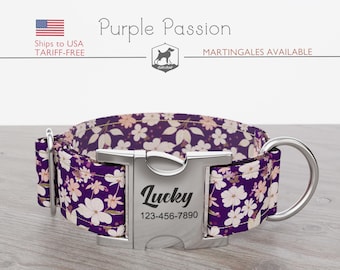 Floral Dog Collar, Regular/Martingale, Handmade, Wide  1, 1.5, 2 inch, Purple Passion, Quick Release Metal Buckle