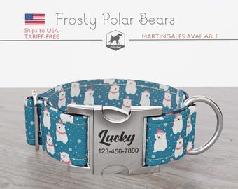 Christmas Dog Collar, Polar Bears, Regular/Martingale, Handmade, Wide  1, 1.5, 2 inch, Frosty Polar Bears, Quick Release Metal Buckle