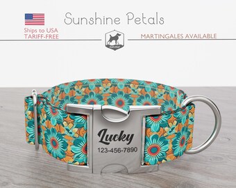 Floral Dog Collar: Abstract Sunshine Petals, Handmade Metal Buckle