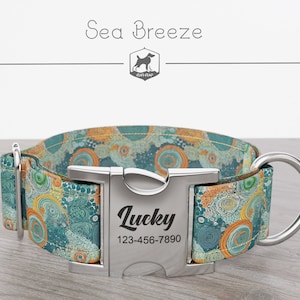 Personalized Wide Dog Collar 1, 1.5, 2 inch, Abstract Pattern, Blue Orange Color, Sea Breeze, Quick Release Metal Buckle