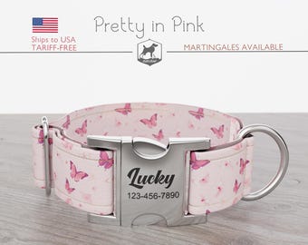 Butterflies Dog Collar, Regular/Martingale, Handmade, Wide  1, 1.5, 2 inch, Pretty in Pink, Quick Release Metal Buckle