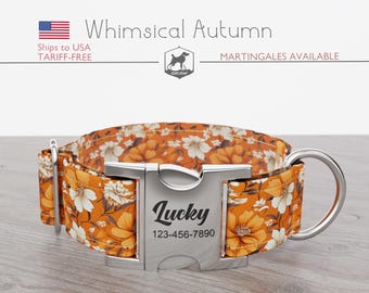 Orange Floral Dog Collar, Regular/Martingale, Handmade, Wide  1, 1.5, 2 inch, Whimsical Autumn, Quick Release Metal Buckle