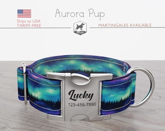 Northern Lights Dog Collar, Regular/Martingale, Handmade, Wide  1, 1.5, 2 inch, Aurora Pup, Quick Release Metal Buckle