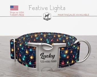 Christmas Dog Collar, Regular/Martingale, Lights, Handmade, Wide  1, 1.5, 2 inch, Festive Lights, Quick Release Metal Buckle