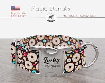 Donuts Dog Collar, Regular/Martingale, Handmade, Wide  1, 1.5, 2 inch, Magic Donuts, Quick Release Metal Buckle