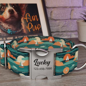 Personalized Wide Dog Collar 1, 1.5, 2 inch, Boats, Landscape, Green Orange Color, Happy Sails, Quick Release Metal Buckle