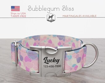 Personalized Dog Collar, Easter, Polka Dot Pattern, Pastel Colors Pet Collar, Bubblegum Bliss, Quick Release Metal Buckle, Spring